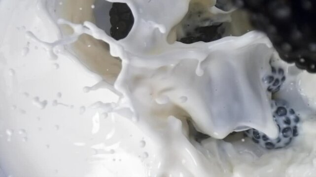 Blackberries falling into milk with splashes in slow motion macro top view