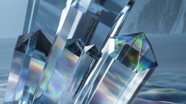 Transparent crystal formations standing in snow with colorful light reflections