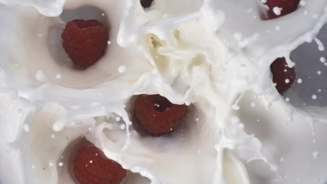 Raspberries falling into milk with splashes in slow motion macro top view