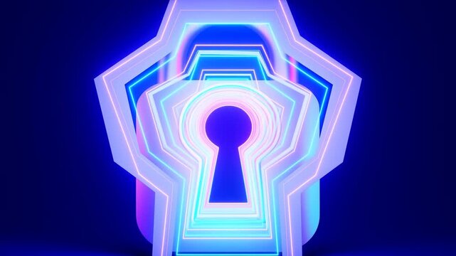 Neon padlock with glowing keyhole against dark blue background