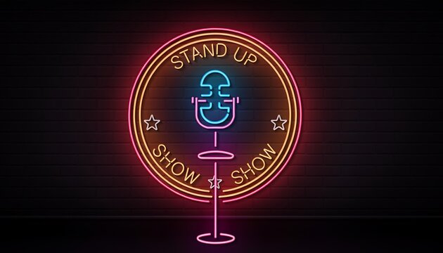 Stand up show now neon sign with microphone icon.
