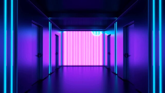 Neonlit futuristic corridor with glowing blue and purple lights and reflective floor
