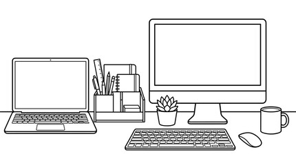 Fototapeta premium Clean line art vector illustration of a home office desk with laptop, monitor, keyboard, mouse, plant, mug, and supplies.