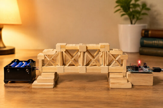 Wooden block bridge connecting electronic components on a table.