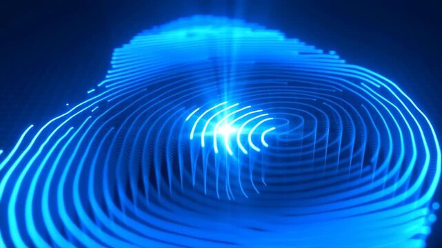 Glowing fingerprint hologram on digital grid background with static biometric pattern