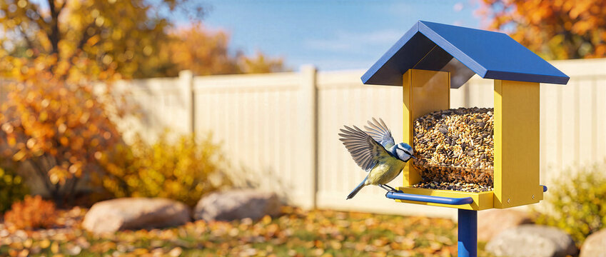 Blue tit songbird landing on wooden yellow and blue feeder filled with seed mix in sunny autumn backyard garden. Wild bird feeding banner with golden trees, fence and copy space for text