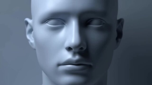 Humanlike mannequin face in blue light with blank eyes and split shadow closeup
