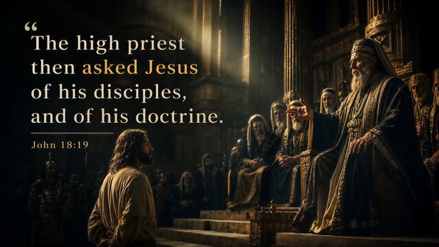 John 18:19 Scripture Poster: Jesus Interrogated by High Priest on Disciples and Doctrine in Ancient Temple