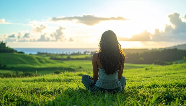 Back view of woman sitting on grass hill facing sunset over sea