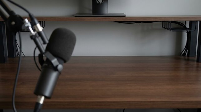 Professional Podcast Microphone Setup on a Wooden Desk for Audio Recording and Streaming Content &mdash; an ideal green screen background for podcast recording and YouTube video production