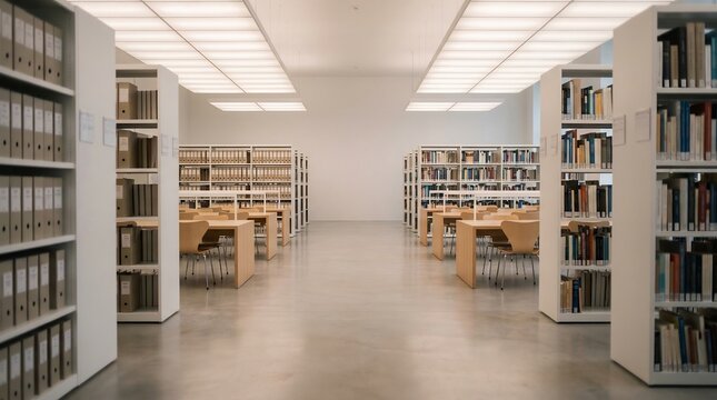 Symmetrical modern library archive interior with organized white shelving, study desks, and bright ceiling lig &mdash; a professional background for corporate training videos, webinars, and virtual meetings