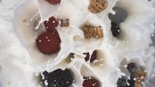 Granola with raspberry and blackberry falling into milk in slow motion