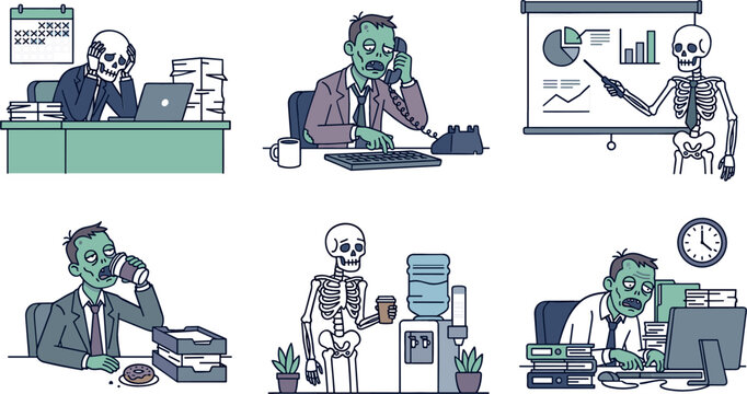 Funny Zombie and Skeleton Office Worker Vector Character Set Depicting Corporate Burnout, Overworked Employees, Deadlines, and Tired Business Routines