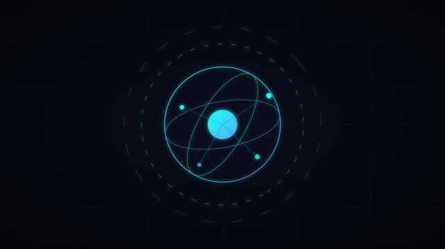 Digital atom model hud animation: rotating science particle interface for tech and research presentations 4k