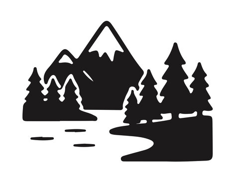 Minimalist mountain landscape with river and trees silhouette