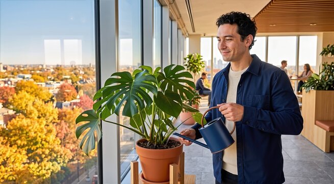 Man watering potted monstera houseplant with blue watering can in modern office by window with autumn city view. Corporate employee taking care of office plants for wellness and sustainable workplace