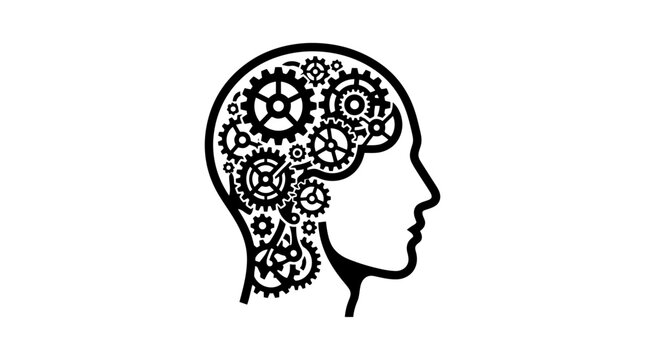 Concept of human brain with gears and cogs working inside the head as a symbol of intelligence, mental process, cognitive function, and psychological mechanism