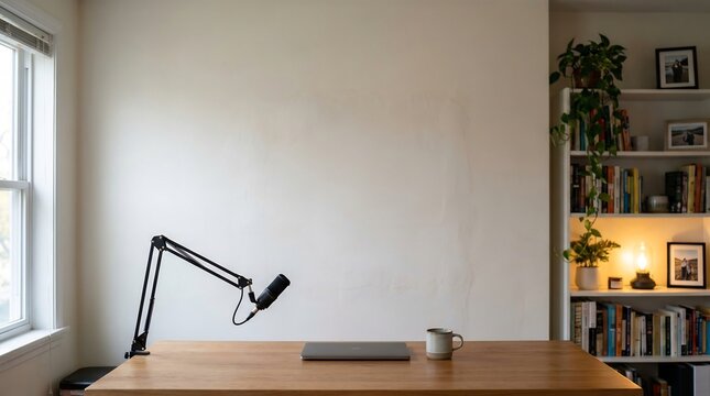 Professional home podcast studio setup with adjustable boom arm microphone and laptop on wooden desk against a cle &mdash; an ideal green screen background for podcast recording and YouTube video production