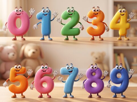 Vibrant cartoon numbers 0-9 waving, perfect for children's educational content and fun learning experiences