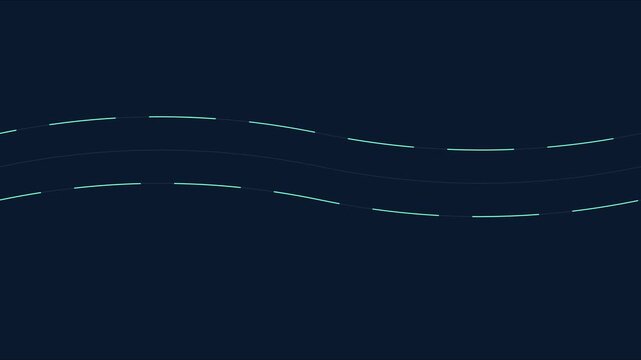 Minimalist abstract wave animation 4k background, with flowing cyan, dashed lines on, dark blue