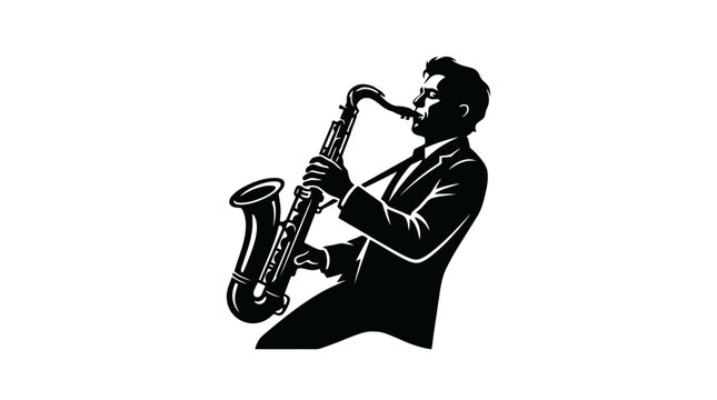 A captivating black and white vector illustration of a talented musician passionately playing the saxophone, showcasing the soulful energy of live jazz performance art