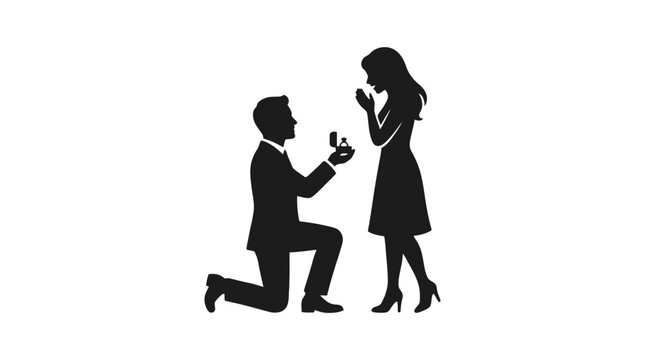 Black silhouette of a man proposing to a woman with an engagement ring on one knee, symbolizing romantic love, marriage proposal, and couples relationship commitment