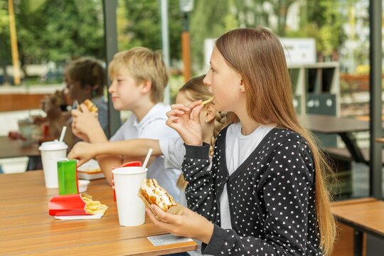 Children eating burgers and french fries together at fast food restaurant