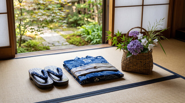 traditional japanese geta sandals yukata and flower basket on tatami mat room with garden view
