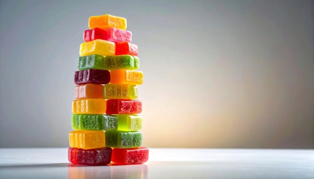 Colorful gummy candy tower stacking sweet jellies