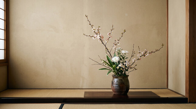 traditional japanese ikebana flower arrangement in ceramic vase on alcove tokonoma