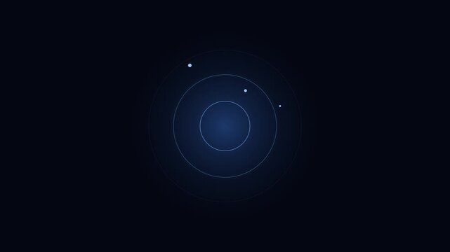 Minimalist digital radar interface with rotating orbital particles and concentric circles animation 4k