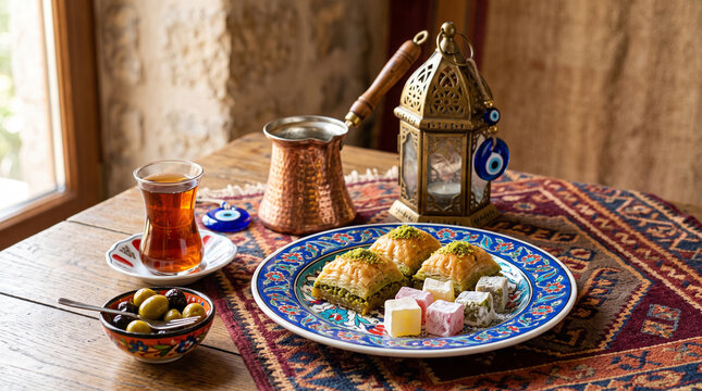 turkish cultural still life composition with baklava turkish delight tea copper cezve and evil eye beads