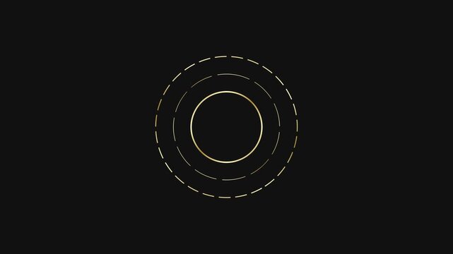 Minimalist gold circular loading animation with rotating dashed rings on 4k black background, circle