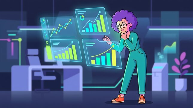 Woman with purple hair analyzing financial charts and data graphs on holographic display screens data analysis business analytics