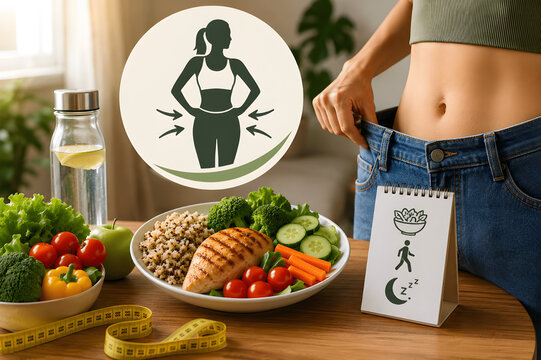 Healthy Weight Management Concept with Balanced Meal, Fresh Vegetables, Fitness and Waist Measurement