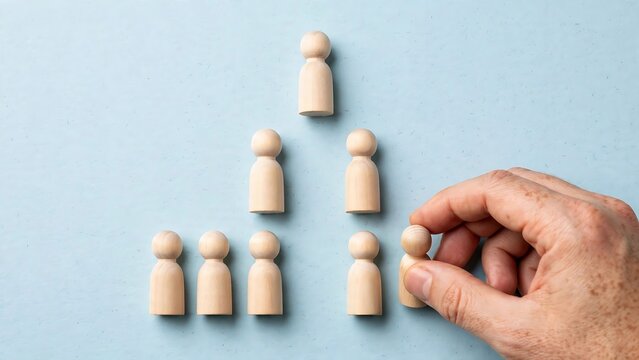 Human Hand Placing Wooden Peg Figure into Organizational Hierarchy Structure Chart for Human Resources Staff Management and Recruitment Employment Issues