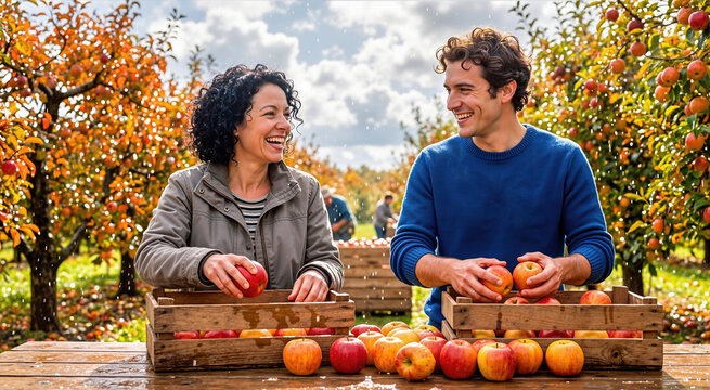 Smiling man and woman sorting fresh red apples into wooden crates at orchard farm. Happy couple harvesting autumn fruit at wooden table during sunshower in agricultural field on sunny day