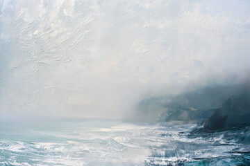 Naklejka premium Fine Art. Abstract oil painting depicting ocean waves breaking on a rocky coast under a hazy sky, emphasizing texture and mood