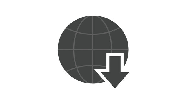 Minimalist dark gray globe vector illustration with downward arrow download symbol