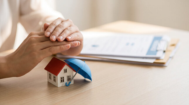 Hands protect a miniature house under an umbrella.
