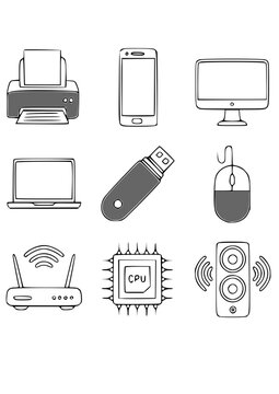 Technology and computer hardware linear vector icons set isolated on white background