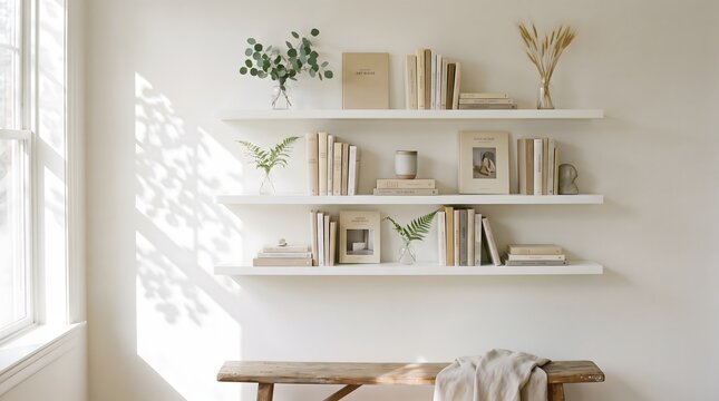 Modern floating shelves with books and decor in a bright minimalist living room interior.