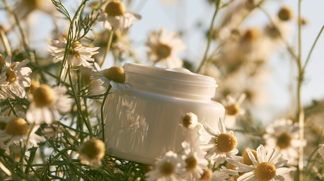 Facial moisturizer surrounded by chamomile flowers and warm sunlight ,cosmetic for face, hand cream, losion for hair, photo style