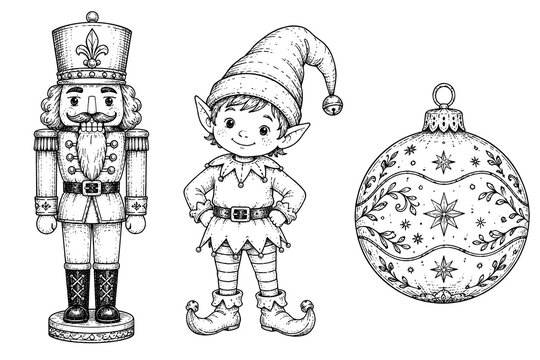 Classic Christmas Nutcracker Elf and Ornament Line Art Collection for Holiday Designs