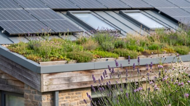 Sustainable Modern Architecture Featuring Green Living Roof and Solar Panels