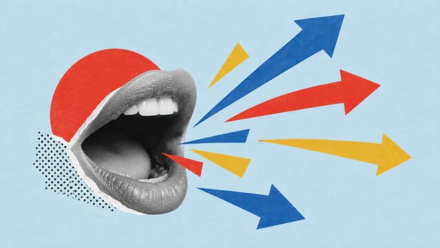 Open mouth shouting with paper arrows flying outwards, teeth and tongue visible against a pale sky background collage