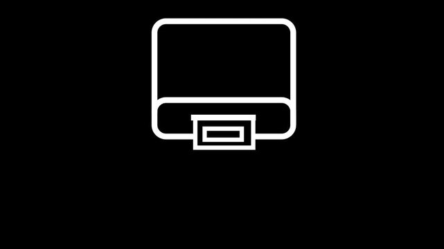 Animated white outline icon of an SD memory card inserting into a device slot.