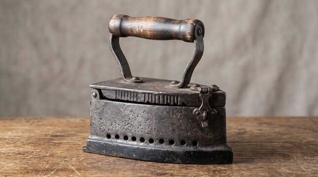 Antique Cast Iron Charcoal Clothes Iron with Wooden Handle