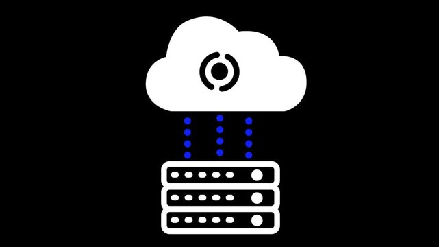Animated white icon of a cloud syncing data to local server racks.