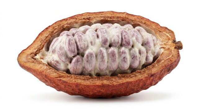 Cocoa pod with beans, isolated on pure white background